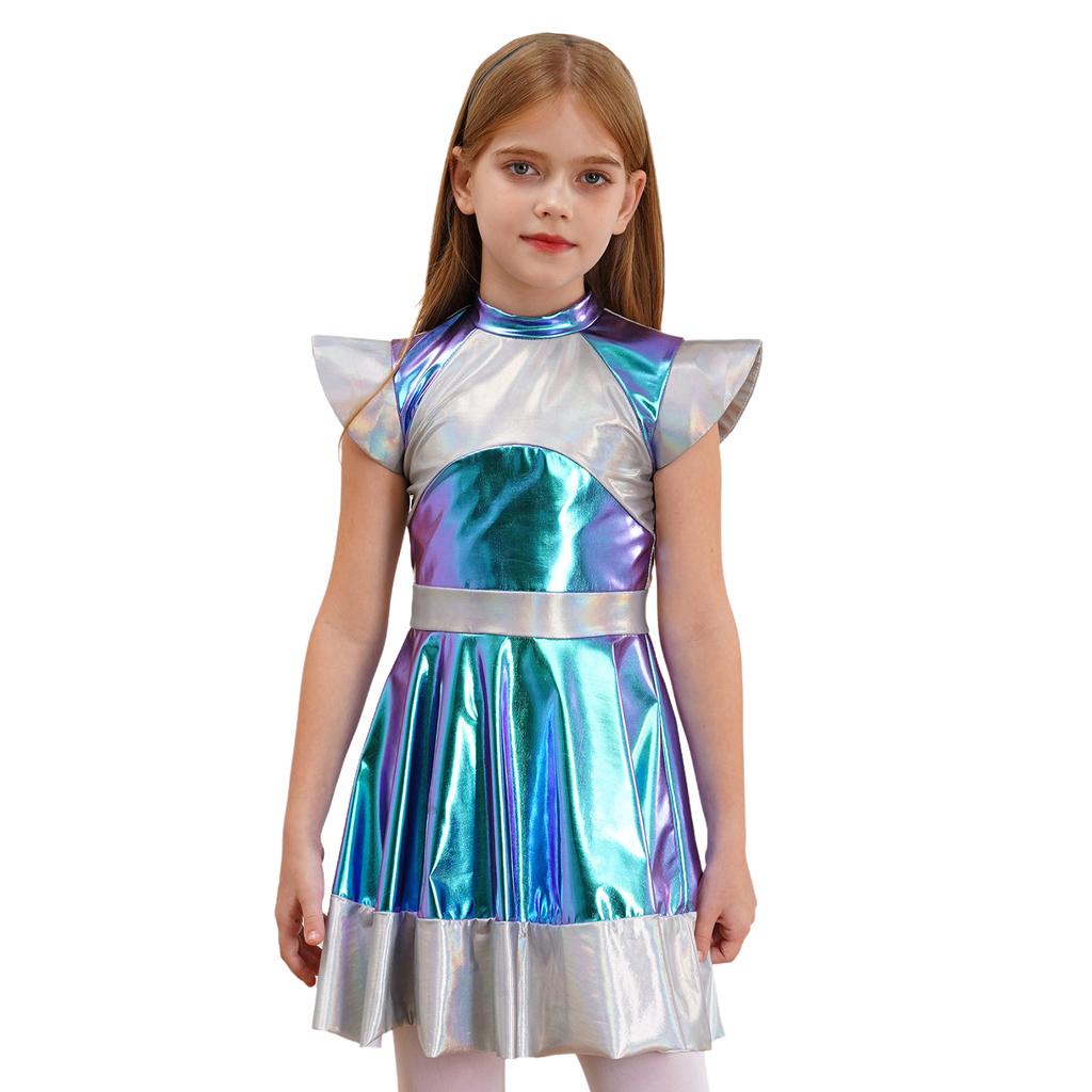 Детский глянцевый металлический космический костюм милашки на Хэллоуин, карнавальный костюм инопланетянина, платье с короткими рукавами, одежда Roly Play