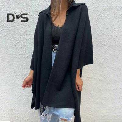 Осень-весна Женское пальто Неровный подол Свободный ажурный шов Однотонный рукав Летучая мышь Пончо Отложной воротник Кардиган Накидка для свиданий Куртка для поездок на работу