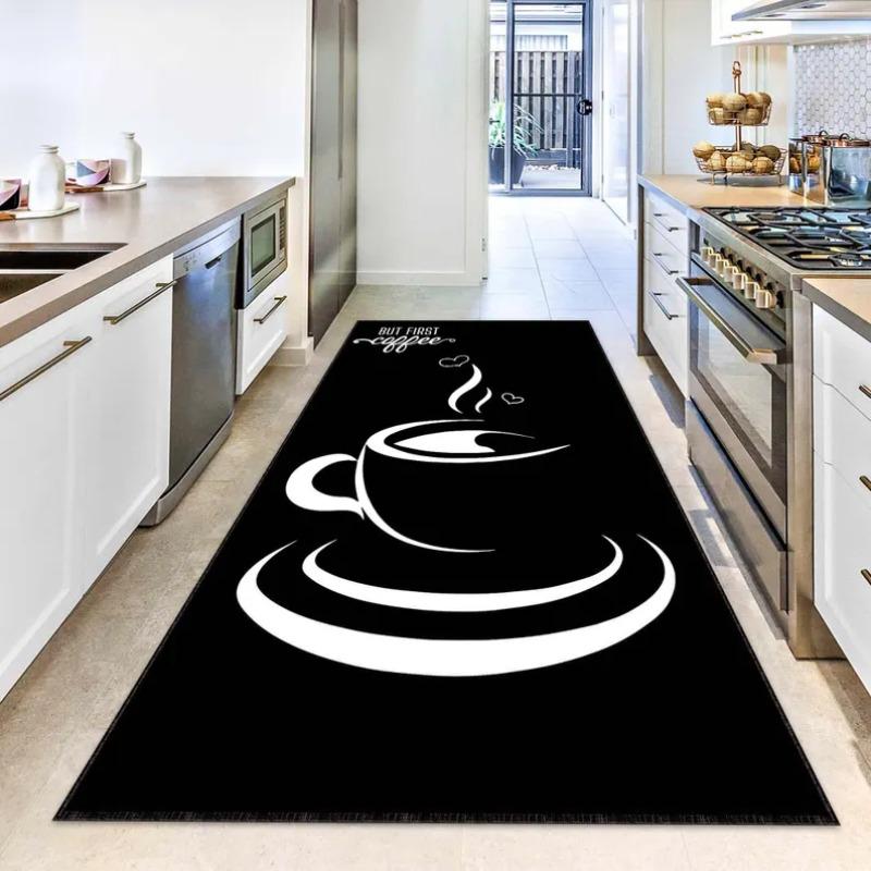 Professional Coffee Menu Kitchen Rug Non-Slip Mat Featuring Espresso Latte & Cappuccino Prints on Black Ideal for Home Floor