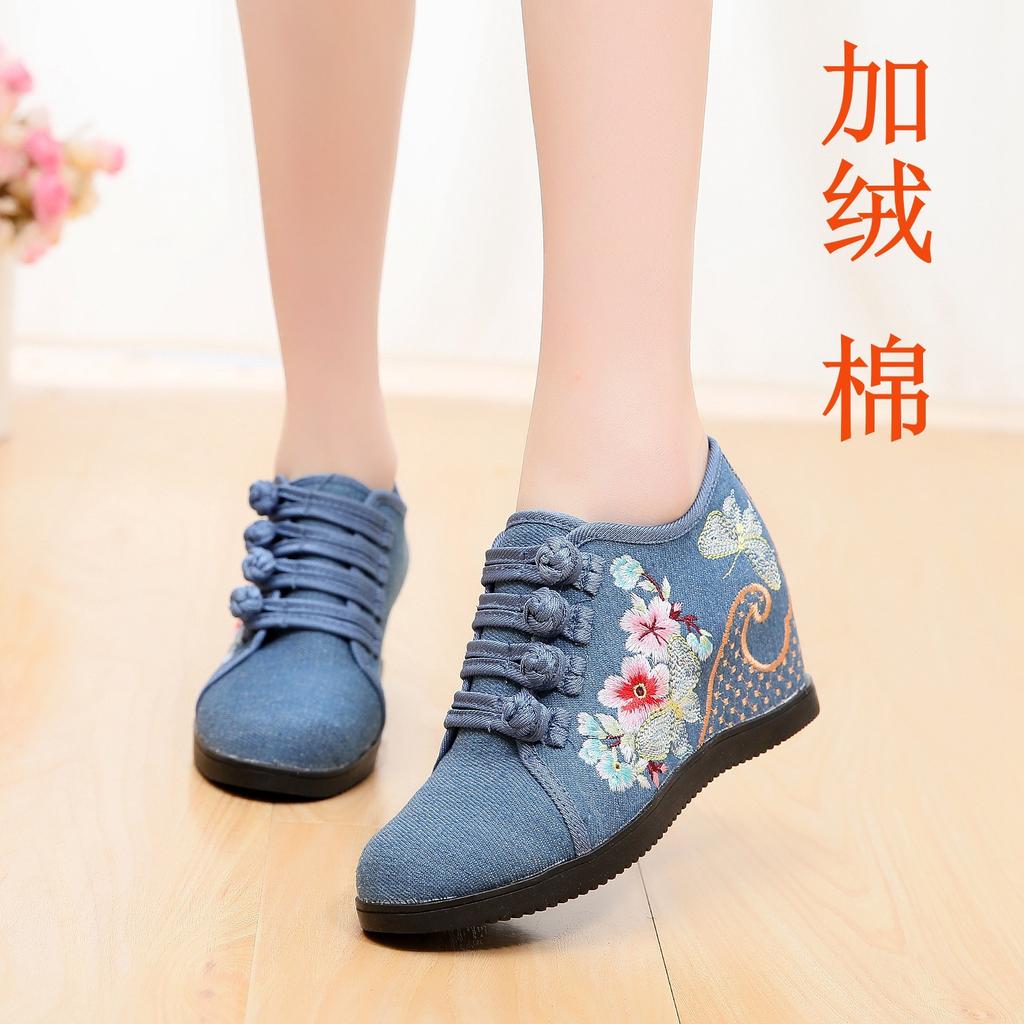 New Thickened Velvet Cotton Dream Butterfly Fluttering, Ethnic Style Double Buckle Canvas Wedge Heel 7cm Women's Shoes Bridal High Heels