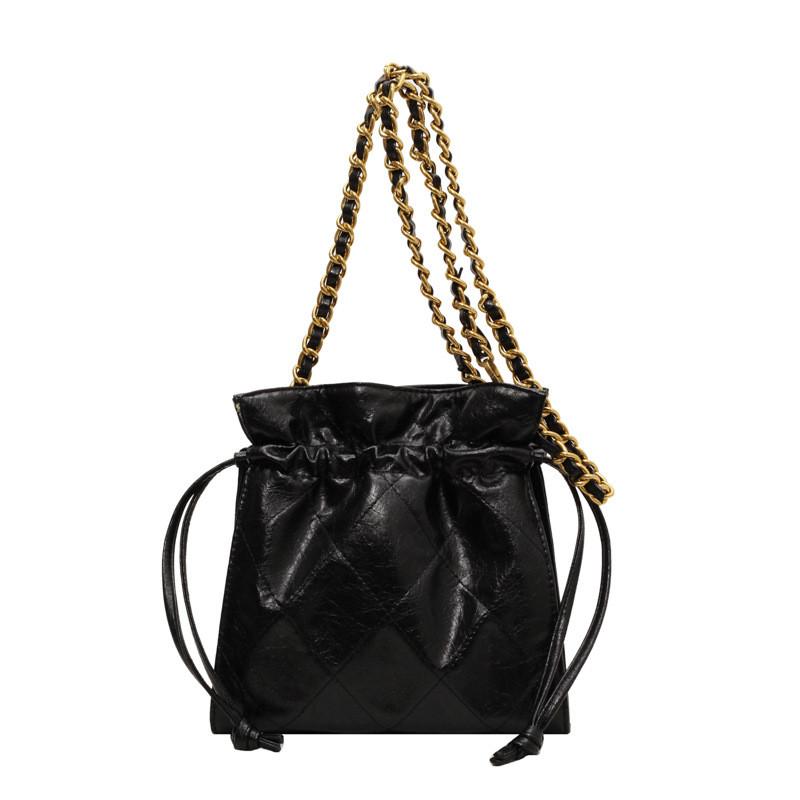Ielgy Soft Leather Drawstring Bucket Bag Retro Chain Shoulder Crossbody Fashion Embroidery Thread Pouch