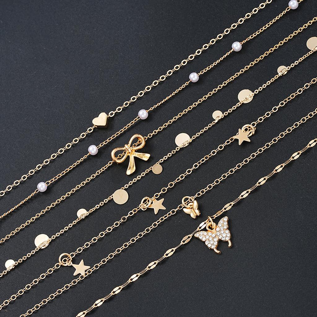 7Pcs Gold Color Multilayer Pearl Butterfly Necklace For Women Trendy Star Love Heart Bowknot Zircon Pendant Necklace Jewelry Set