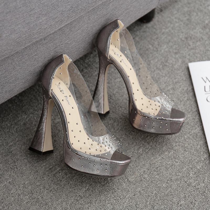 Модные сексуальные босоножки на платформе из прозрачного ПВХ со стразами, женские банкетные туфли с открытым носком, на толстом высоком каблуке, современные босоножки