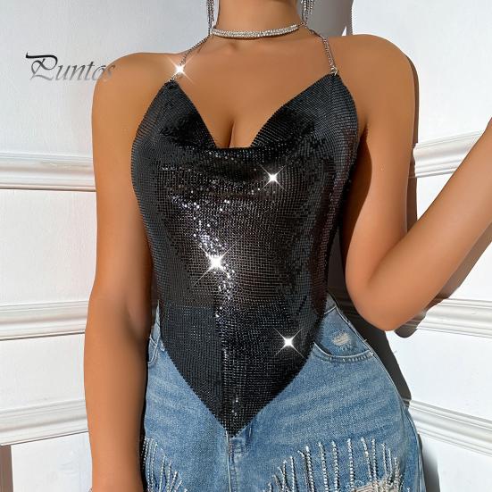 Women Sequin Sling Tops Halter Sleeveless Backless Short Vest with Metal Chain Laces And Swing Collar Sexy Camisole