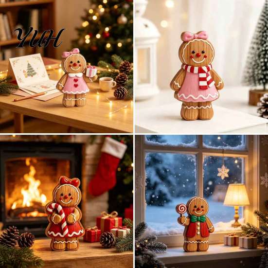 Gingerbread Character Figures Cartoon Wooden Ornament, Double-sided Printed Desktop Tabletop Figurines, Festive Window Display Decorative Craft
