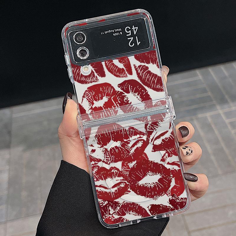 3шт складной противоударный чехол для Samsung Z Flip6 Flip5 Flip4 для Magsafe Magnetic Balloon Kiss Lips Pattern Clear Hard Pc Slim Case Cover