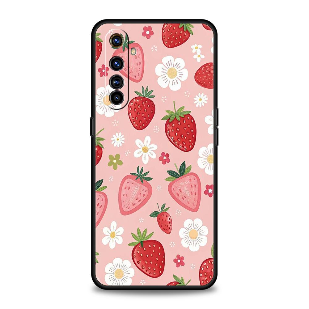 Мягкий ТПУ Чехол для телефона Realme 11 10 9 Pro Plus GT2 GT3 GT5 C21 C25 C35 C53 C55 C67 Pro 5G Милая Клубника и Мелкий Цветочный Розовый