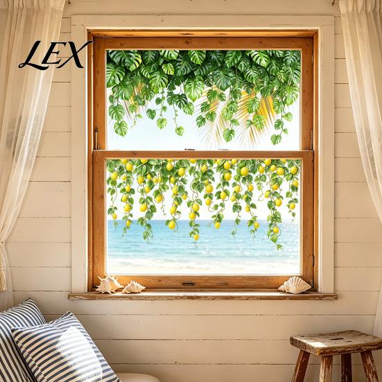 Shop Front Display Sticker Green Vine Static Window Clings, Artificial Ivy Lemon Stickers, Natural Light Shadow Decor No?Glue PVC Transparent Glass