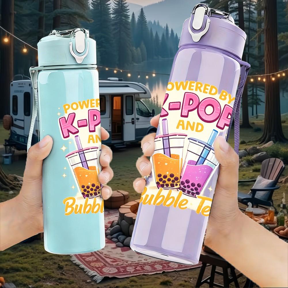 1PC K Pop Drink Cup Bubble Tea Print 750ml Color Plastic Sports Water Bottle Leakproof Flip Straw Lid Suitable for Sports Office Home Use
