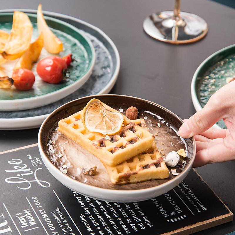 Nordic Internet Celebrity Ceramic Steak Round Flat Plate Home Creative Dishes Plate Dim Sum Western Food Plate Set Combination Tableware