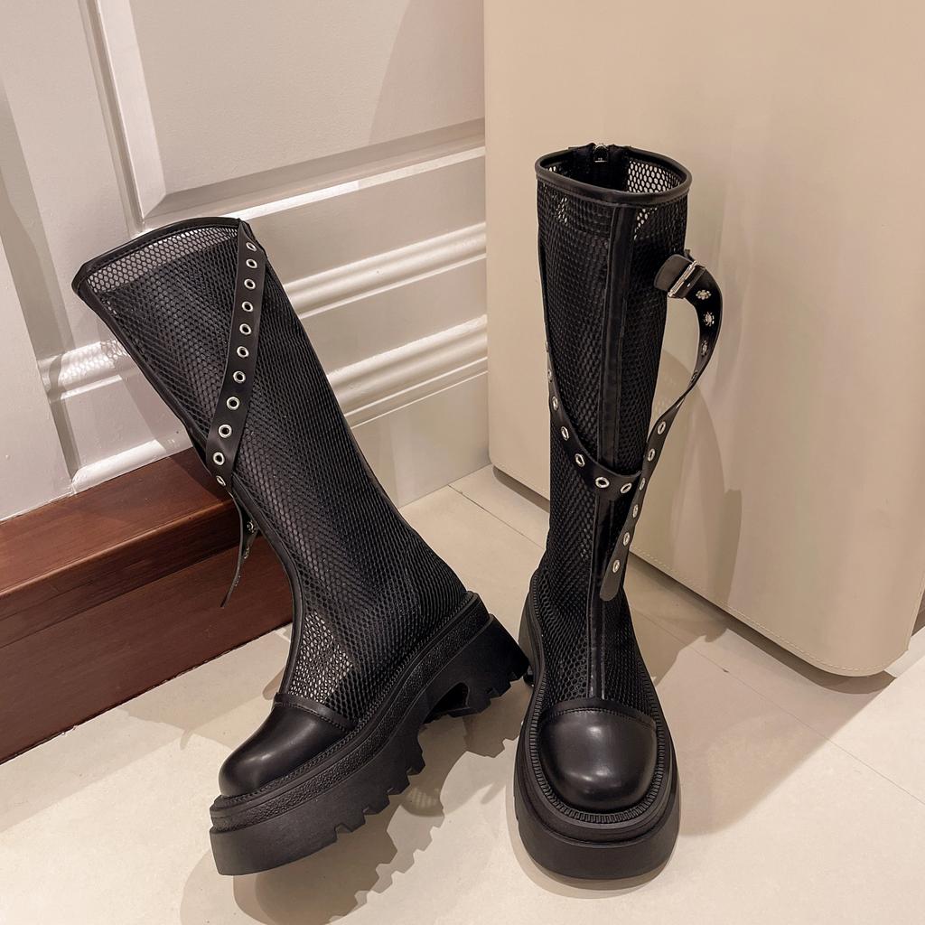 Fashion Mesh Breathable Sandals Women Knee High Heels Cool Boots Sandals Designer 2024 Summer Platform Shoes Walking Mujer Zapatos Pumps