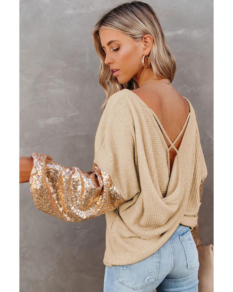 Azura Exchange Apricot Sequin Patchwork Sleeve Waffle Knit Top