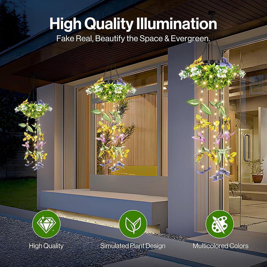 2 Pcs Solar Artificial Vines Hanging Light LED Fairy Lights Fake Butterfly Flower Decor Waterproof Garden Patio Festive