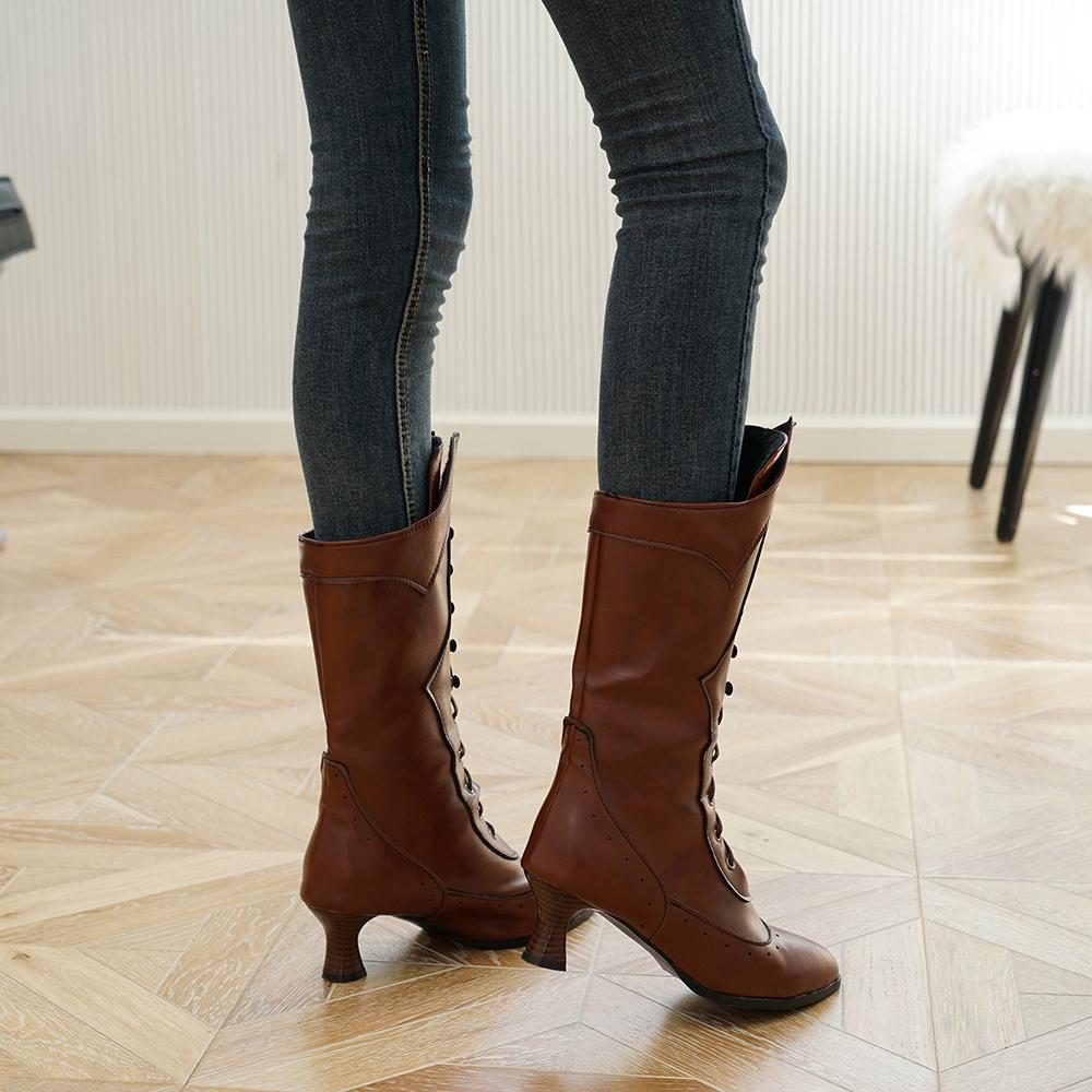 Spring White Brown Mid Calf High Boots for Women Lace up High Heel Small Big Size 33 45