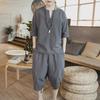Men's Summer Cotton-Linen Tang Suit: Short-Sleeved Hanfu Zen Two-Piece