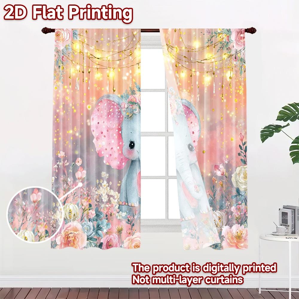 2D flat printing 2pcs Curtain Curtains Spring Floral Elephant Digital Printed Polyester Drapes Family Party Decoration Perfect