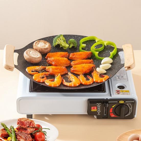 Cast Iron Baking Tray with Handles Non-stick Round Frying Pan for BBQ Steak Seafood Vegetables Pancakes Multifunctional Grill Pan for Stove Campfire