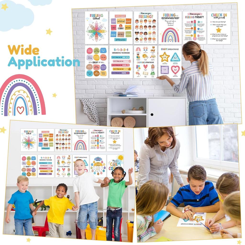 Pasimy 12 Pcs Calming Corner Classroom Posters Boho Feelings Wheel Charts Emotions Poster for Kids Calm Corner Mental Health Wall Decorations for