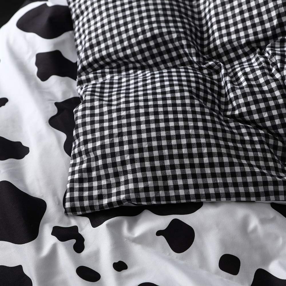Cartoon Bedding Set Cow Print Duvet Cover Black White Comforter Cover Milk Cow Bedspreads Cover Reversible Plaid Grid Room Decor