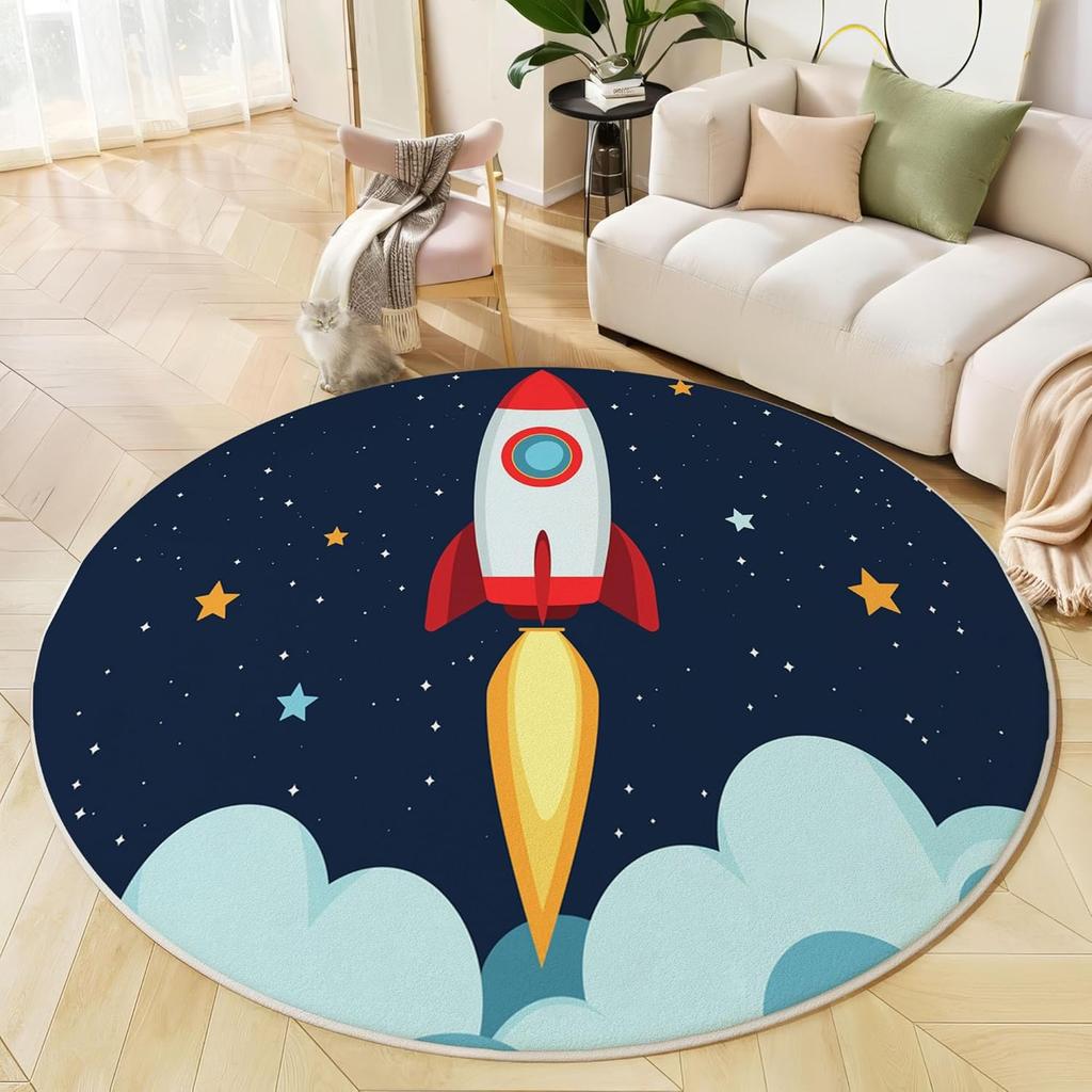 Cartoons Round Rug Washable Bedroom Round Area Rugs for Entryway,Soft Living Room Circular Rugs,Rocket Illustrations Non-Slip