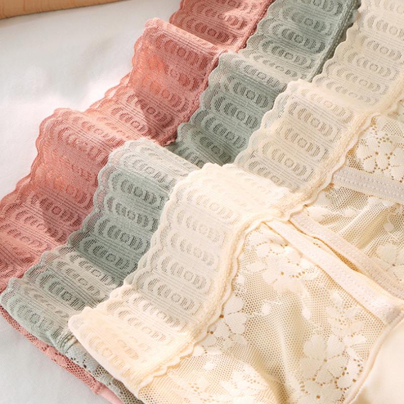 High Waist Satin Retro All-match Hollow Lace Splicing Pure Cotton Silk Antibacterial Crotch Large Size Women's Briefs