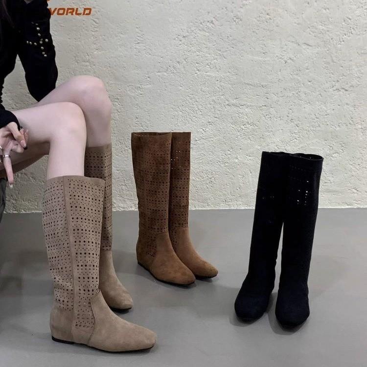Niche retro hollow boots women's 2026 spring new inner height increase high knight boots Maillard long boots
