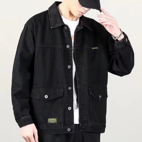 Мужская джинсовая куртка с лацканами, длинный рукав, куртка, пальто с большими карманами, весна-осень, застежка на пуговицы, верхняя одежда карго