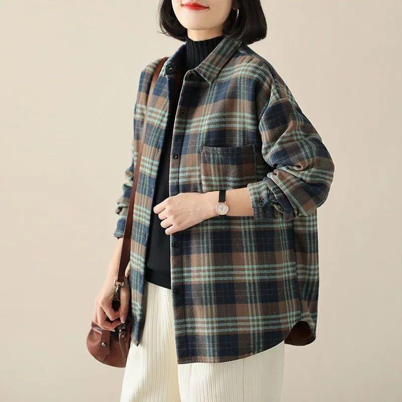 Casual Loose-Fitting Plaid Cotton Shirt for Women, Perfect for Autumn