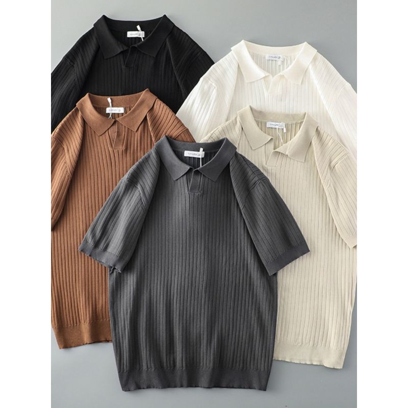 French Retro Knitted Polo Shirt Men's Short-Sleeved Trendy Brand Slim Casual T-Shirt Foreign Trade Men's American Style T-Shirt