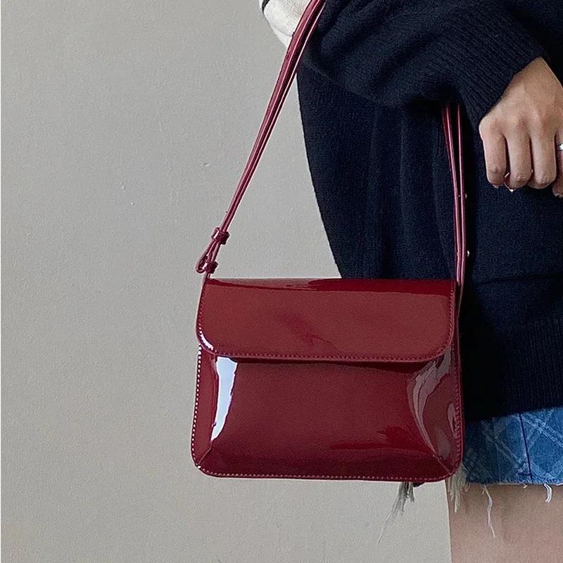 Ретро Лаковая Сумка Через Плечо Для Женщин Роскошная Сумка На Клапане Crossbody Однотонная Сумка Под Мышку Красные Сумки Crossbody Женская Сумка Качество