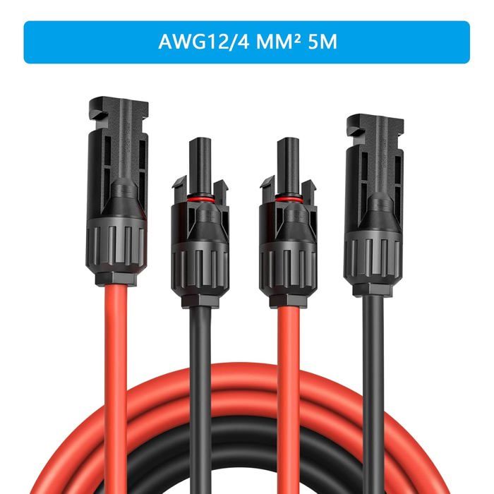 Câble extension solaire MC4 mâle/femelle AWG12 (4 mm²) 2x5m - Rouge/Noir, IP67, ≤100W