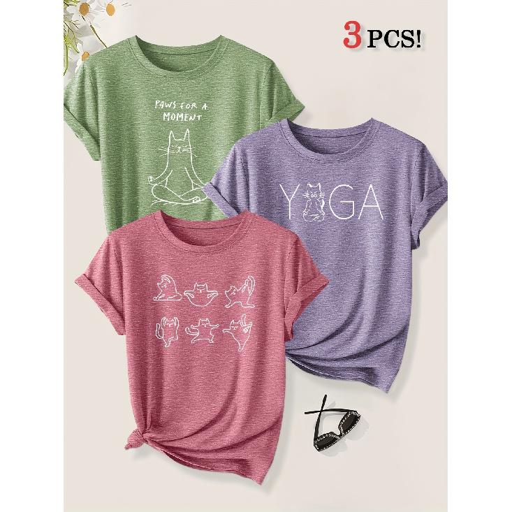 3 Pack Yoga Master Cat Fun Animal Print Women Loose Short Sleeve T Shirts Summer Autumn Leisure Fashion Tops