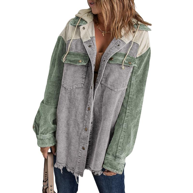 Women Corduroy Jacket Casual Coat Hooded Single Breasted Pockets Patchwork Tops Overcoat 2025 Female Streetwear Outerwear