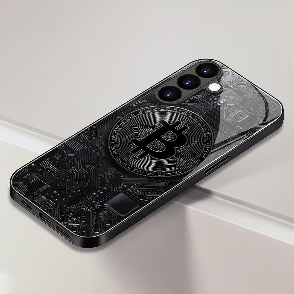 Черный закаленный стеклянный чехол для телефона Bitcoin, подходящий для Samsung Galaxy S26 S25 S24 S22 S21 S20 FE/Ultra/Plus, противоударная задняя крышка
