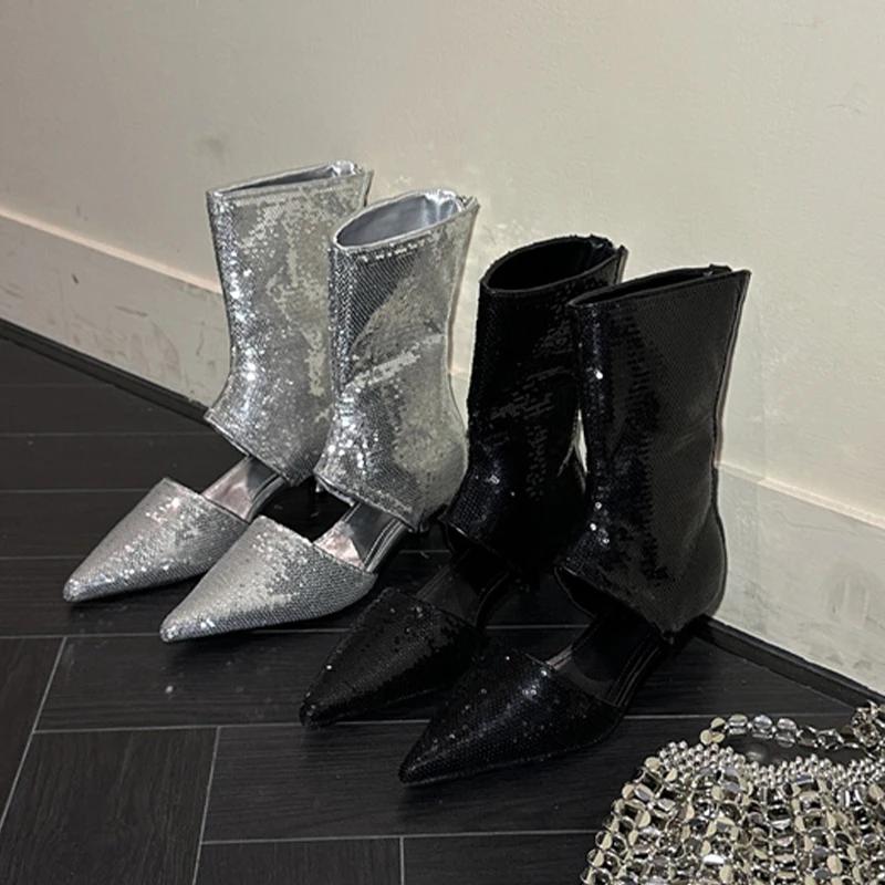 Женские туфли на каблуках с острым носком, шикарные, роскошные, классные, сандалии, женские, тренд 2024 года, новые, зимние, ботинки челси, Mujer Zapatos