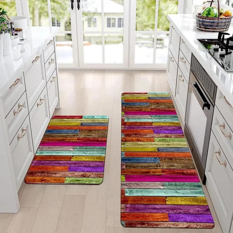 Vintage Wood Plank Kitchen Rug Set Colorful Retro Wooden Board Print Soft Non Slip Washable Floor Mats for Kitchen Decor