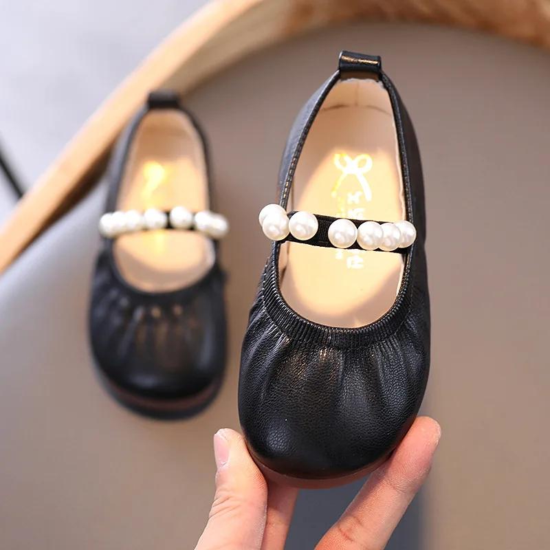 2024 Children Leather Shoes for Girls Autumn New Fashion Princess Elegant Chic Beading Soft Comfortable Versatile Dress Shoes