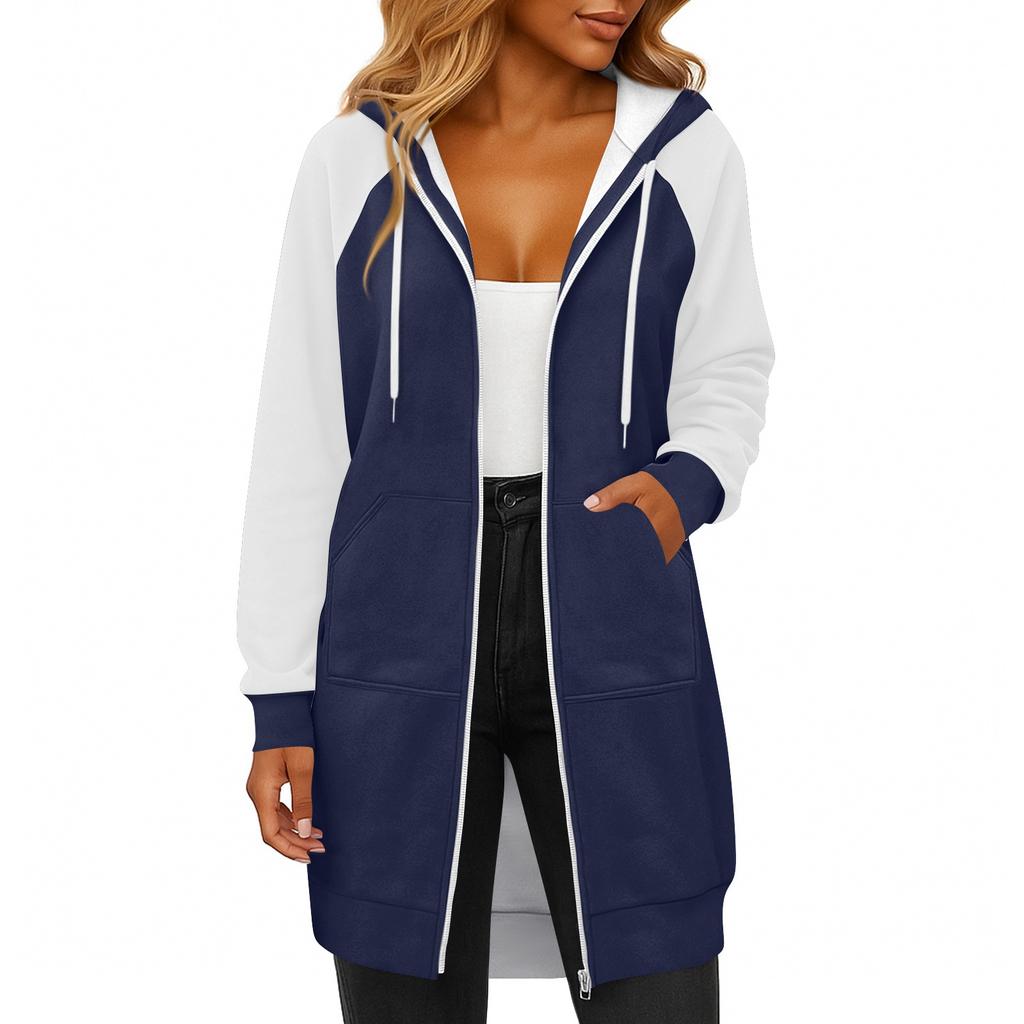 Women's Fashionable Color Blocked Long Sleeved Drawstring Hooded Zipper Pocket Long Casual Sweatshirt Jacket