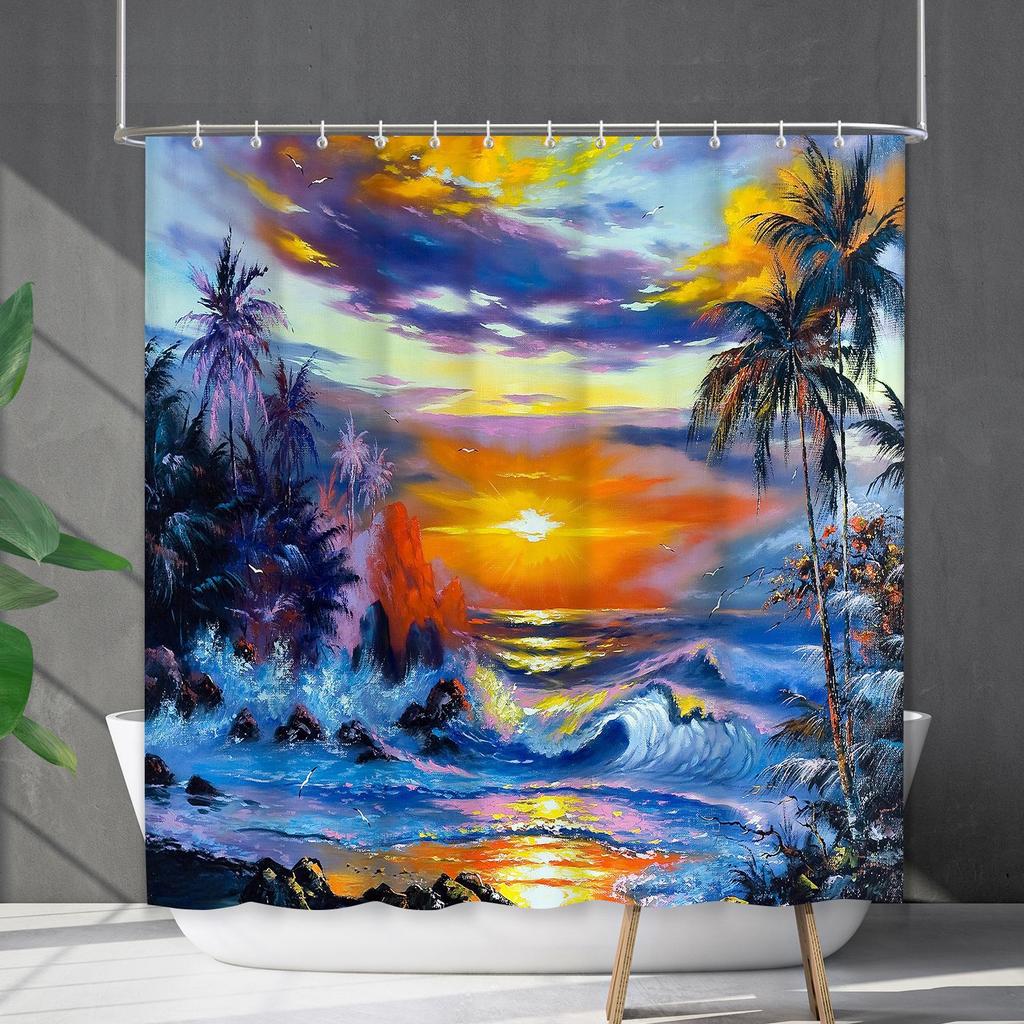 Shower Curtain Waterproof And Mildew-Proof Coconut Tree Beach Beach Bathroom Shower Curtain Shower Curtain Partition Curtain Free Punching