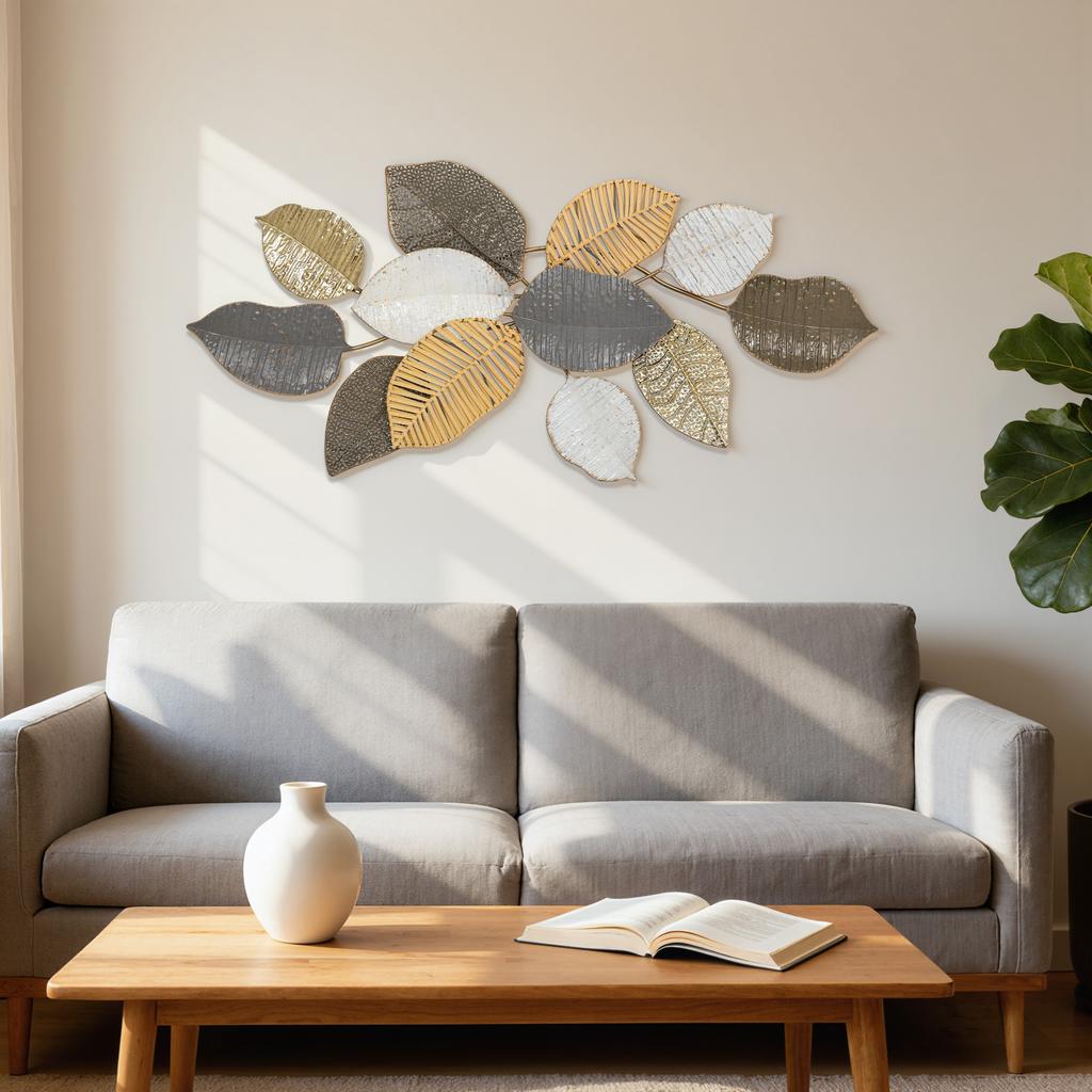 Metal Wall Art, Modern Hanging Wall Decor with Unique Leaf Design for Living Room Bedroom Entryway