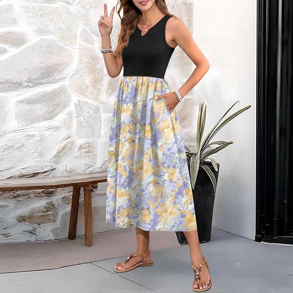 Женское платье без рукавов с цветочным принтом и высокой талией, модное и элегантное