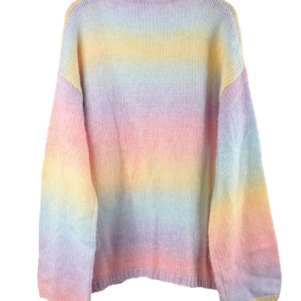 Autumn and Winter New Rainbow Patchwork Cardigan, Versatile and Fashionable Sweater, Knitted Coat, Top for Women