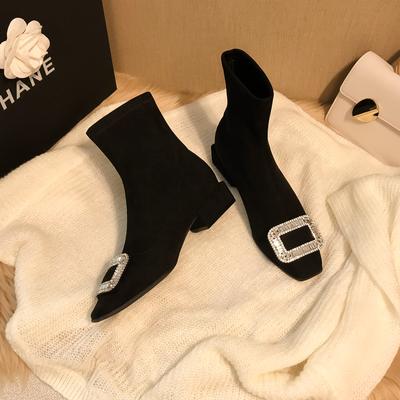 Теплые меховые женские ботильоны-носки, модные элегантные туфли со стразами, осенне-зимние женские короткие ботильоны на низком каблуке