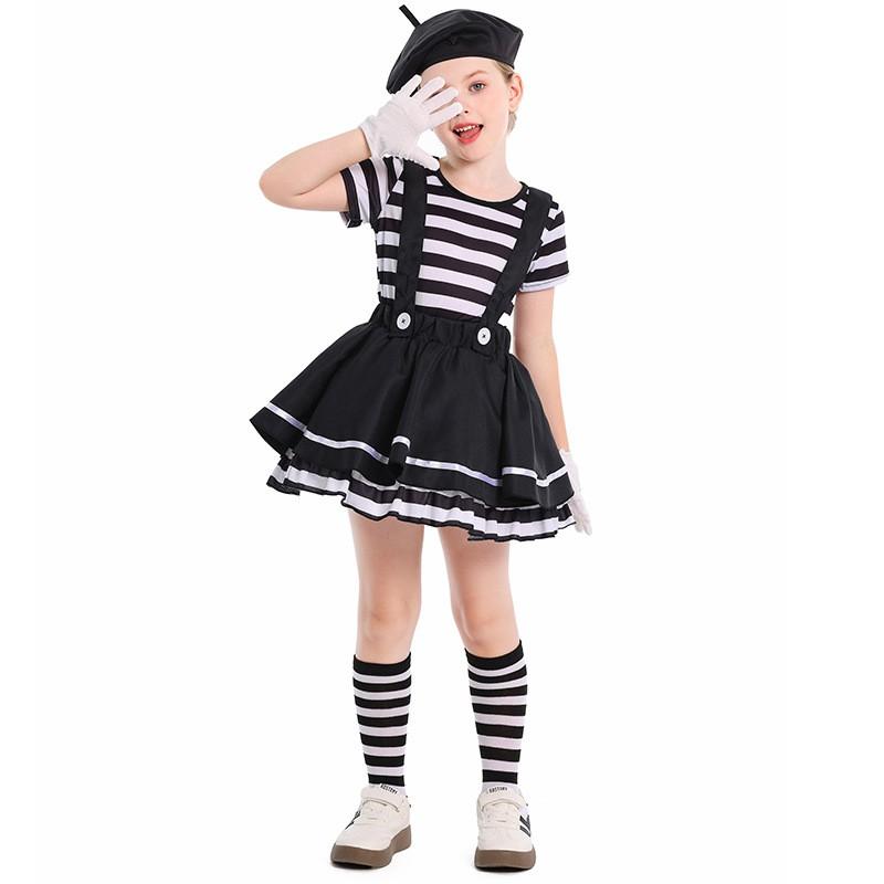 Kids Clown Mime Costume Set Black White Striped Short Sleeve Performance Outfit Stage Play Halloween Party