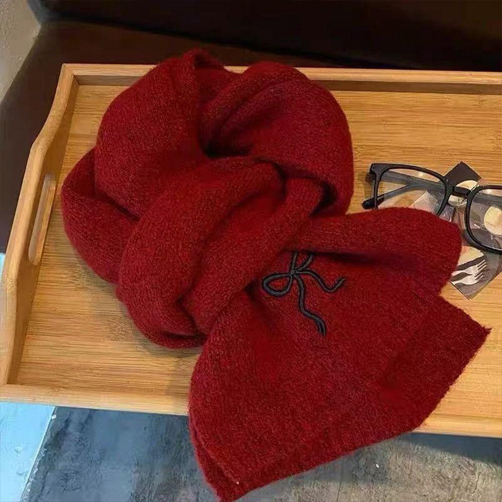 Bow Embroidered Neck Warmer Thicken Knitted Scarf Soft Shawl Outdoor
