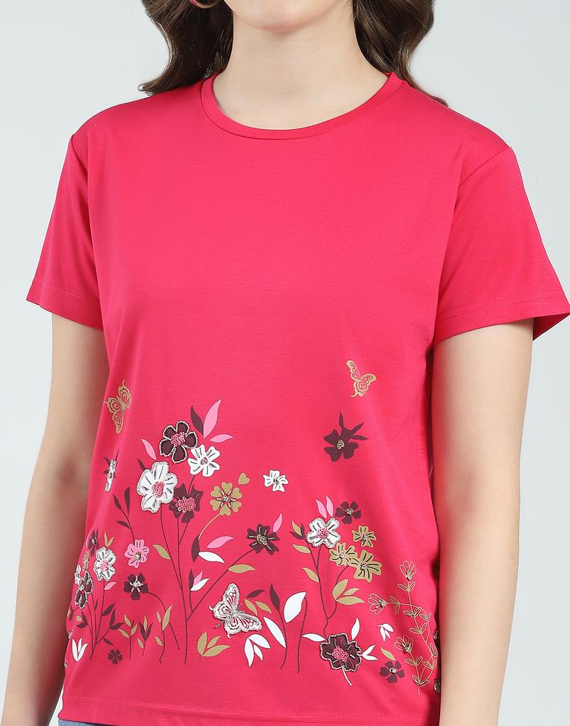 MONTE CARLO Women's Regular Fit Self Designed Half Sleeve Round Neck Top