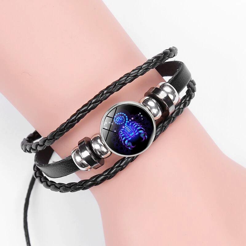 Night Light Up Zodiac Sign Braided Leather Bracelet for Men Women - 12 Constellation Horoscope Adjustable Wristband