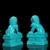 Chinese Natural Turquoise Handcarved Exquisite Male and Female Lions Statues A Pair Carving Living Room Home Decoration Mascot