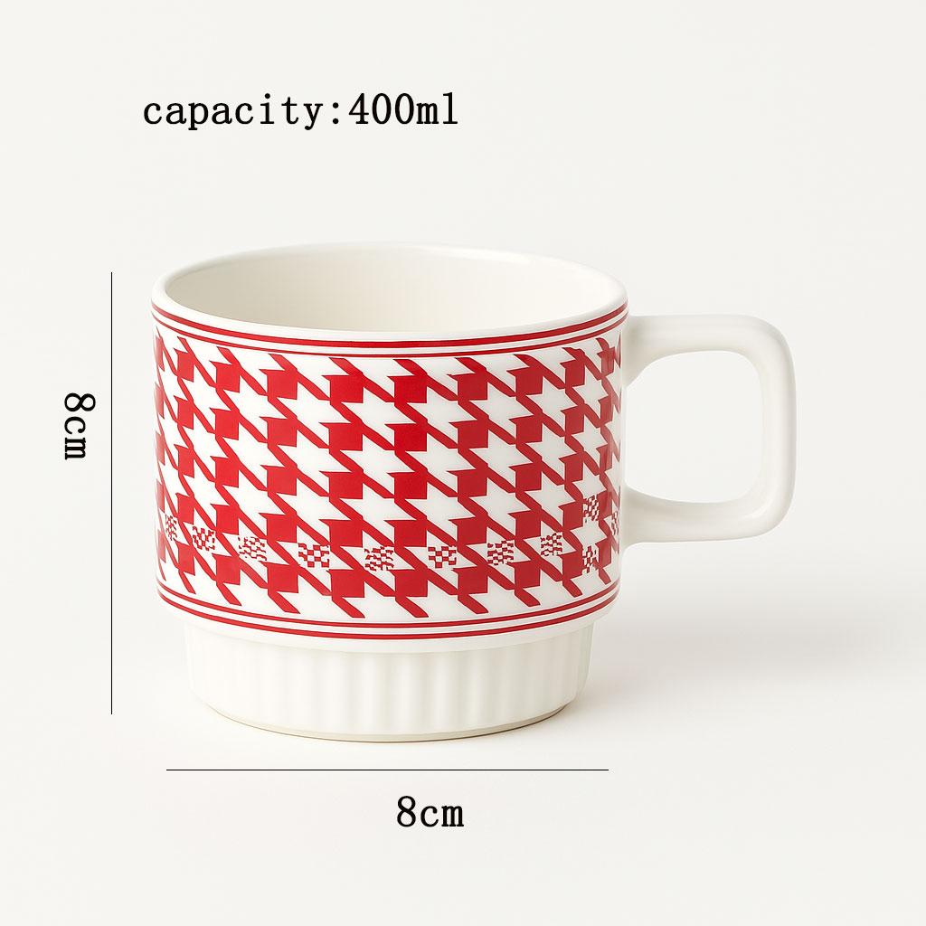 Nordic Houndstooth Ceramic Mug – Retro Coffee Cup with Handle, Spoon Classic  Pattern, 400ml