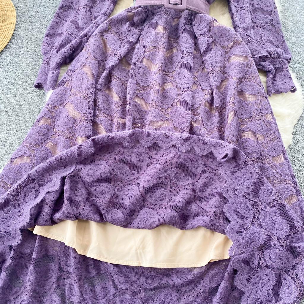 Новые женские фиолетовые кружевные рождественские вечерние платья с v-образным вырезом, винтажное платье до середины икры с длинным рукавом и поясом